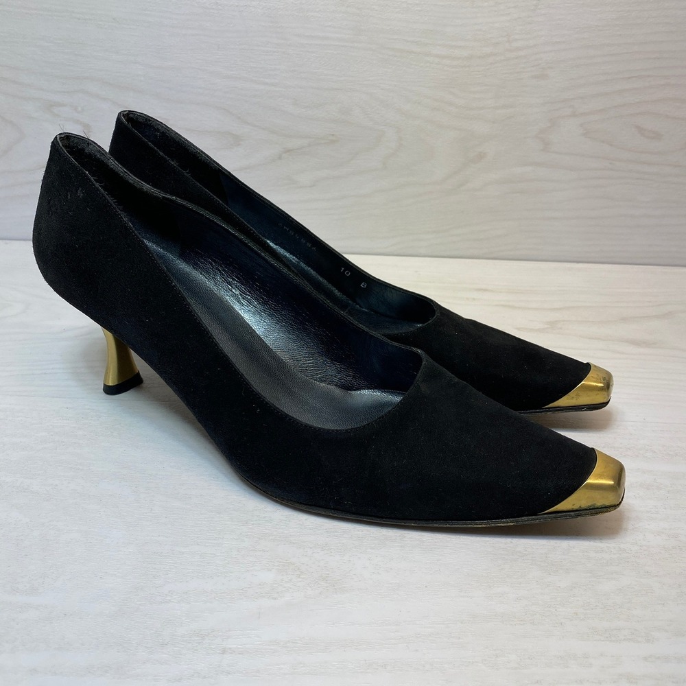 Stuart Weitzman Womens 10 B Pumps Kitten Heel Black Suede Gold Metal Toe 6W84886